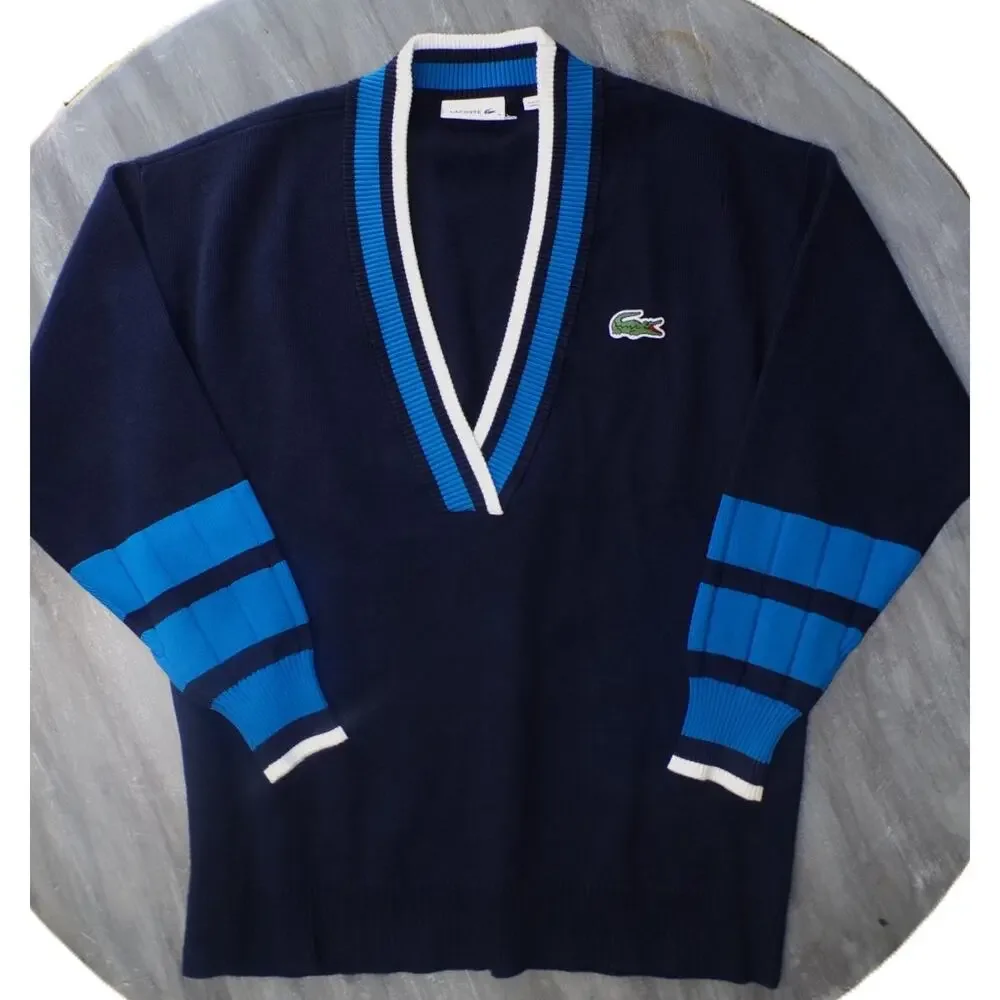 Lacoste V Sweater M Oversized Navy Color Block Tennis Jumper Big Alligator - Picture 9 of 16